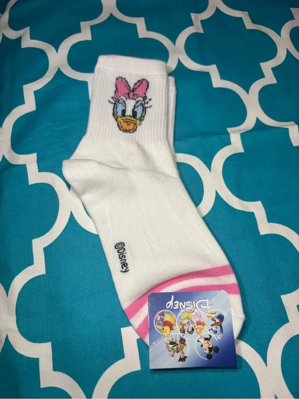 New Women’s White Crew Socks with Daisy Duck Face and Pink Bow